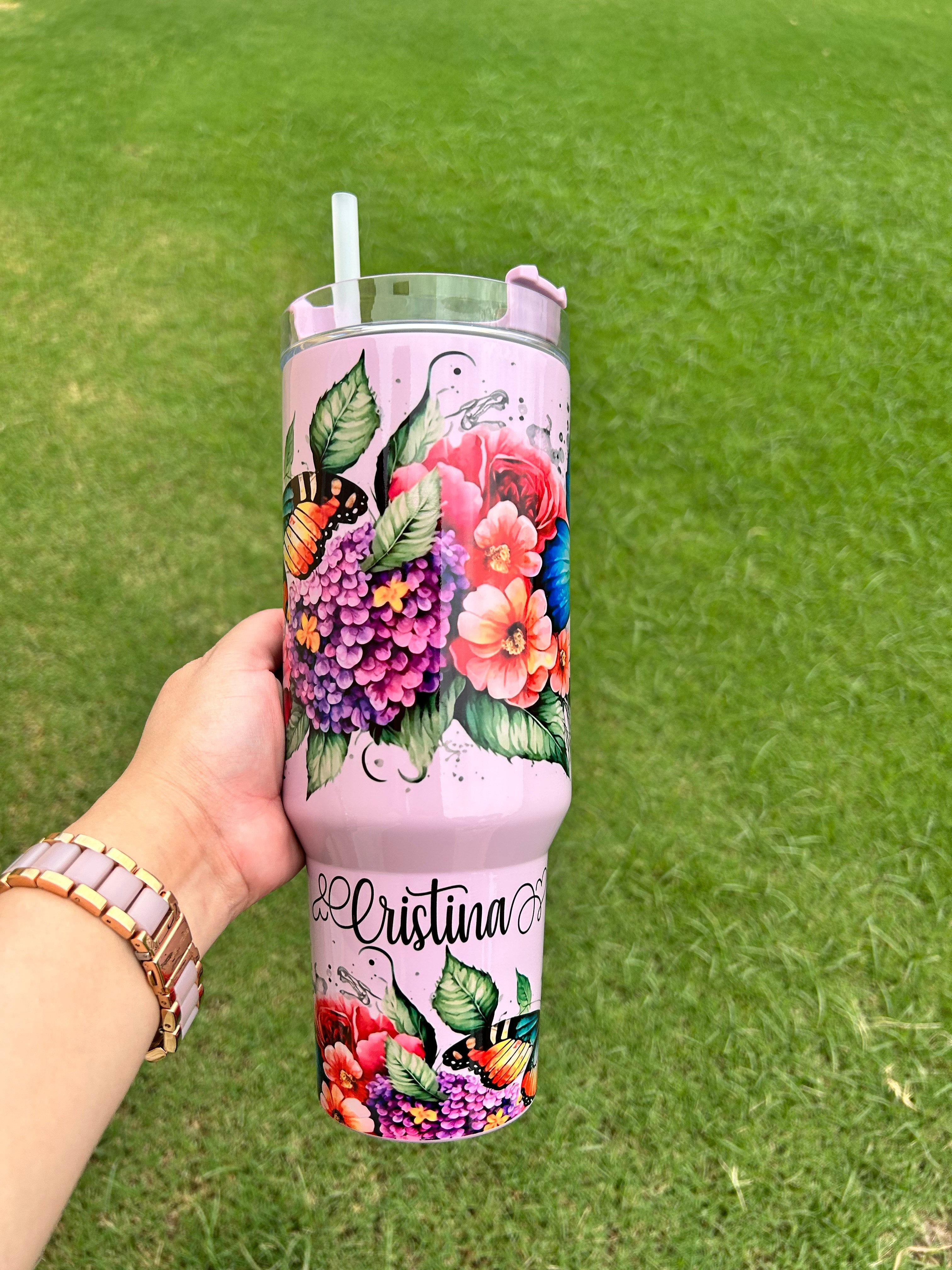 40oz Tumbler With Handle Floral Butterfly