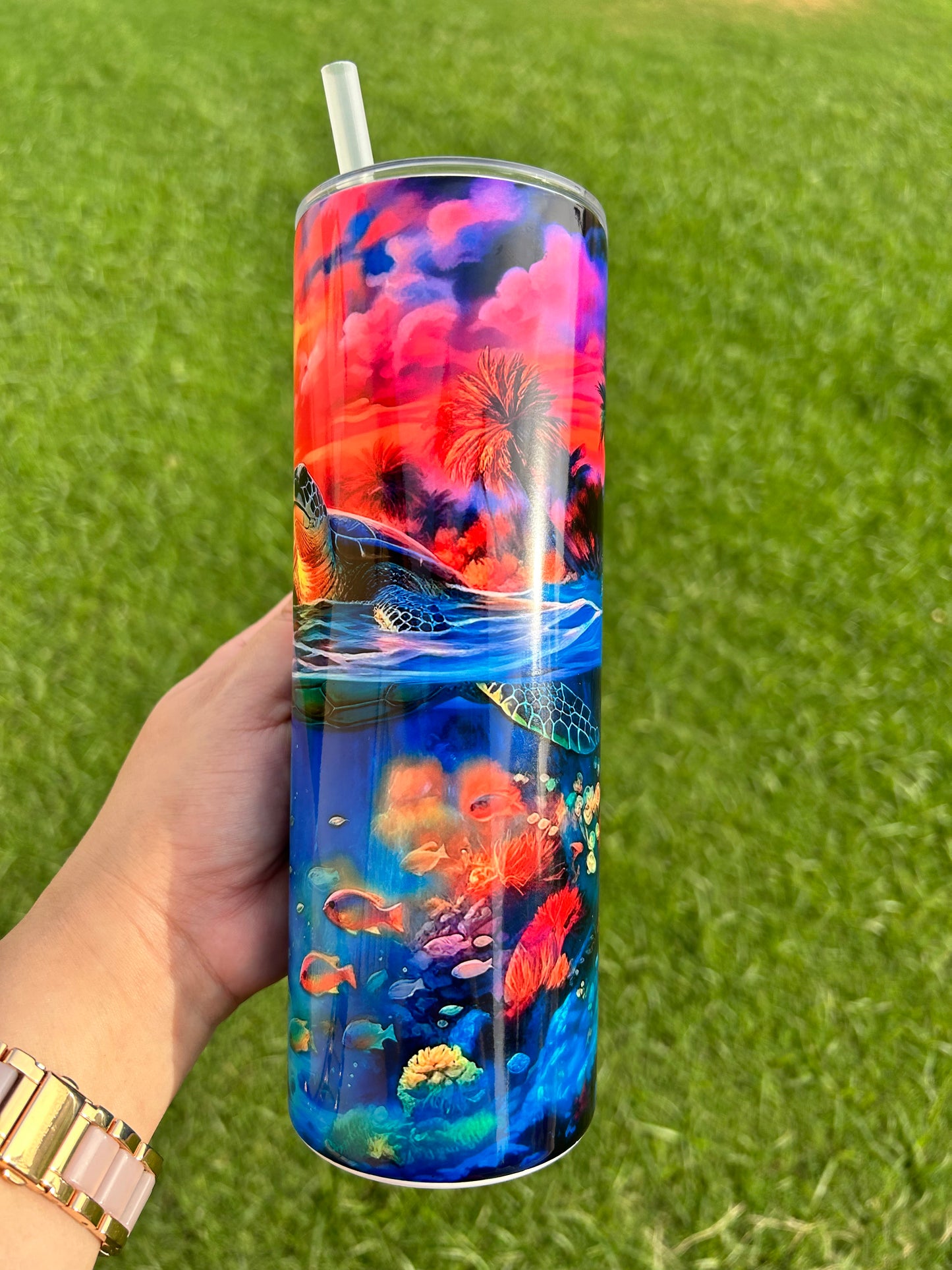 Ocean Sea Turtle Sunset 20 oz double wall tumbler! Beautiful vibrant colors!