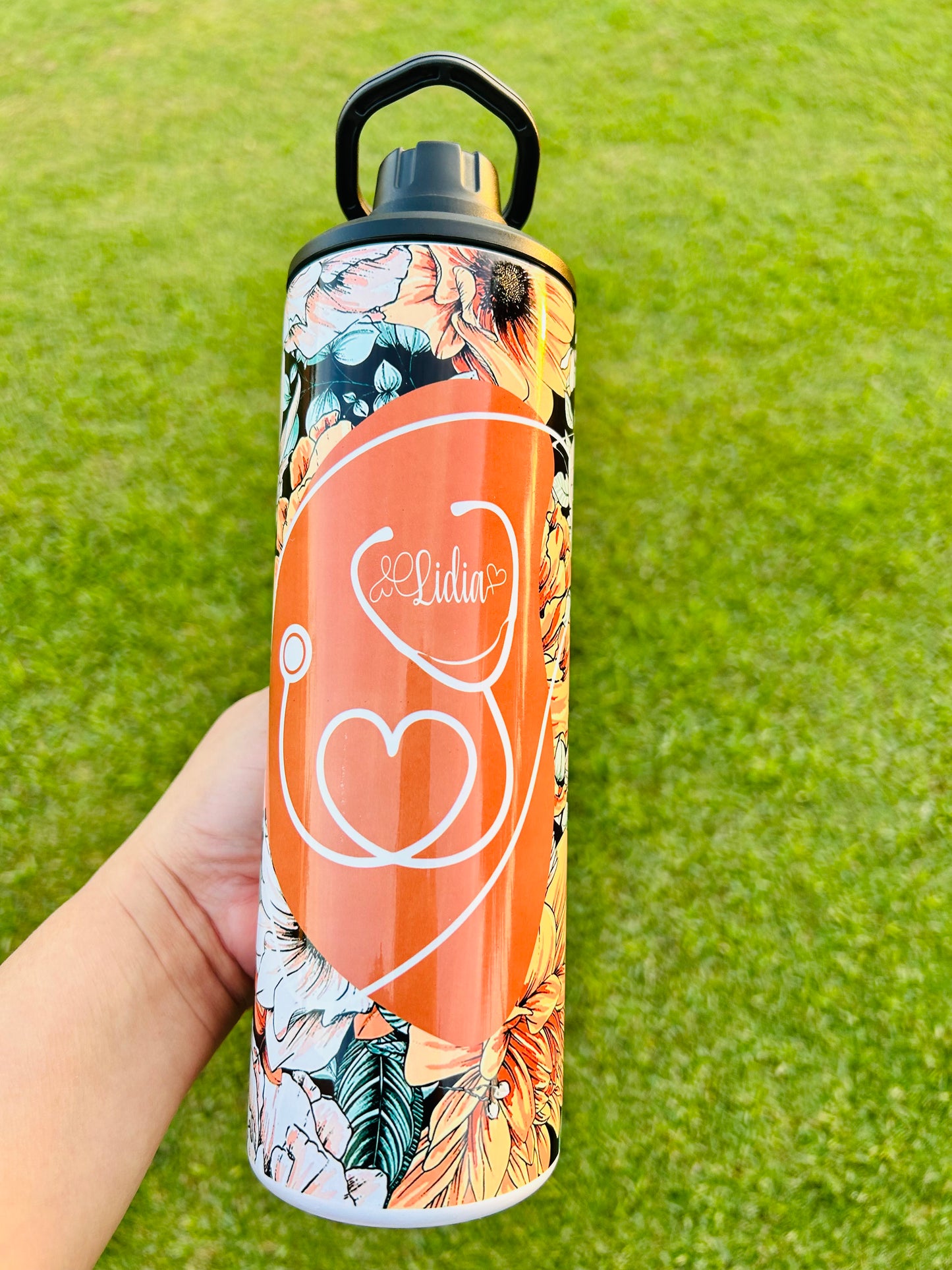Medical Nurse Floral Heart Stethoscope Travel Tumbler