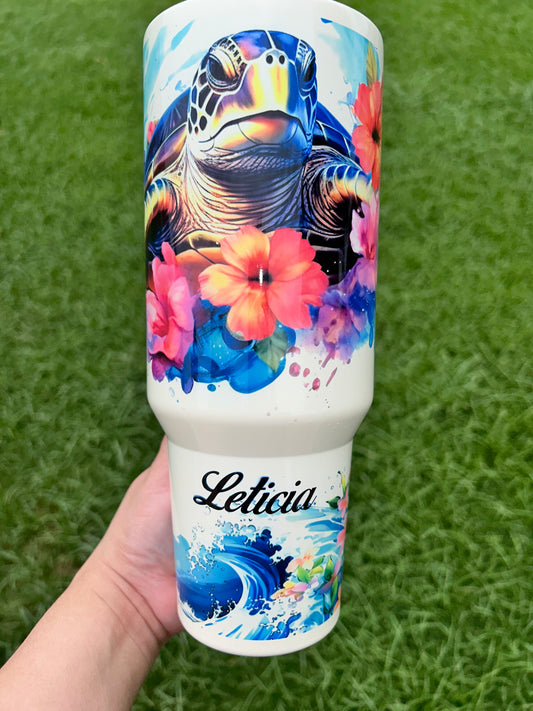 Sea Turtle Floral 40oz Travel Tumbler Handle